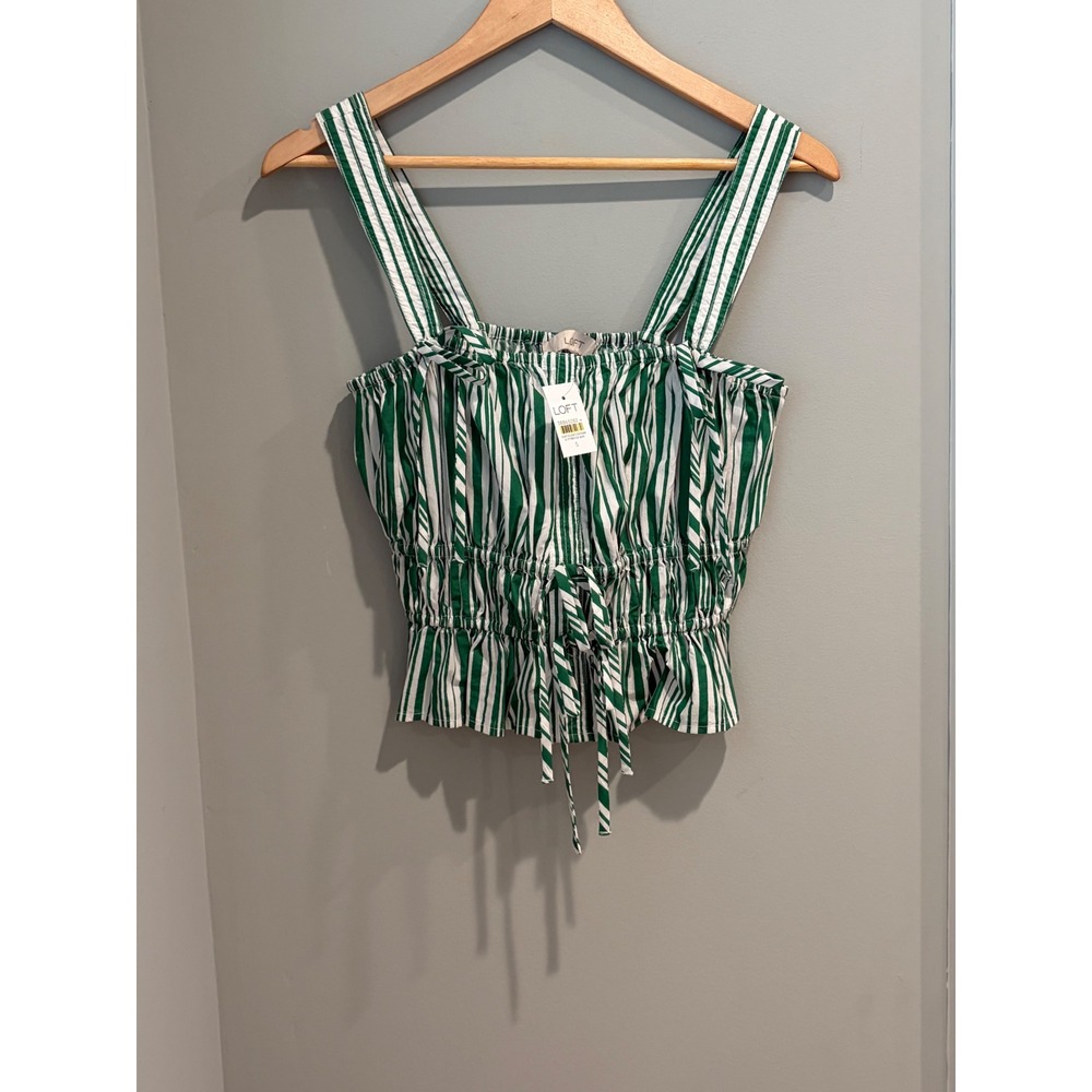 LOFT Green White Striped Smocked Peplum Tie Front Tank Top Small NWT